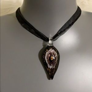 Sculpted Colorful Speckled Black Glass Necklace